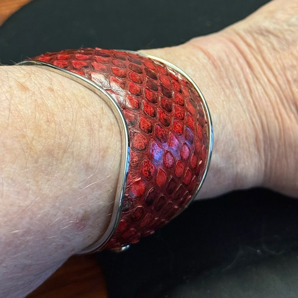Tod's Red Snakeskin Cuff with Silver Trim